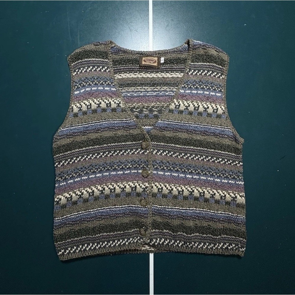 Vintage Traverse Bay Woolen Co Knit Sweater Vest Women's Large‎ Striped Cardigan